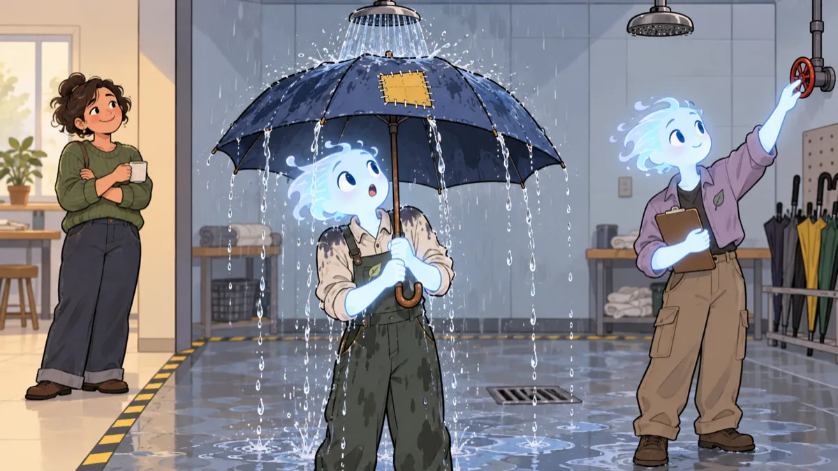 Under a sprinkler, a surprised AI agent holds a patched umbrella as water pours through its seams. Another agent reaches for a second sprinkler while a human colleague smiles from the dry side of the room.