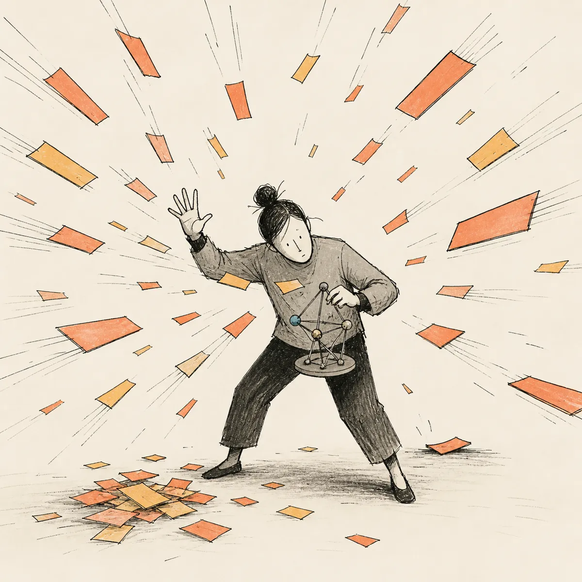 Figure at center of a radial storm of incoming message-slips, struggling to catch them while working.