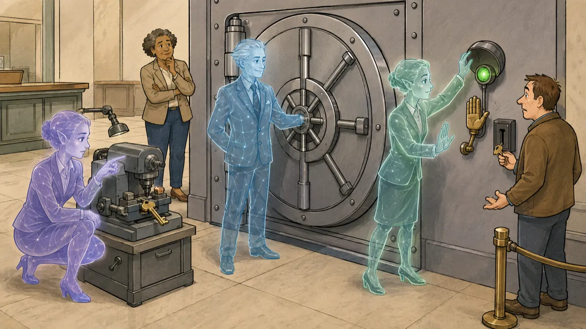 Three translucent AI bank inspectors continue checking a newly locked vault: one points out an exposed master-key machine while another stops a confused customer from retrying a disabled entrance, as their human leader watches.