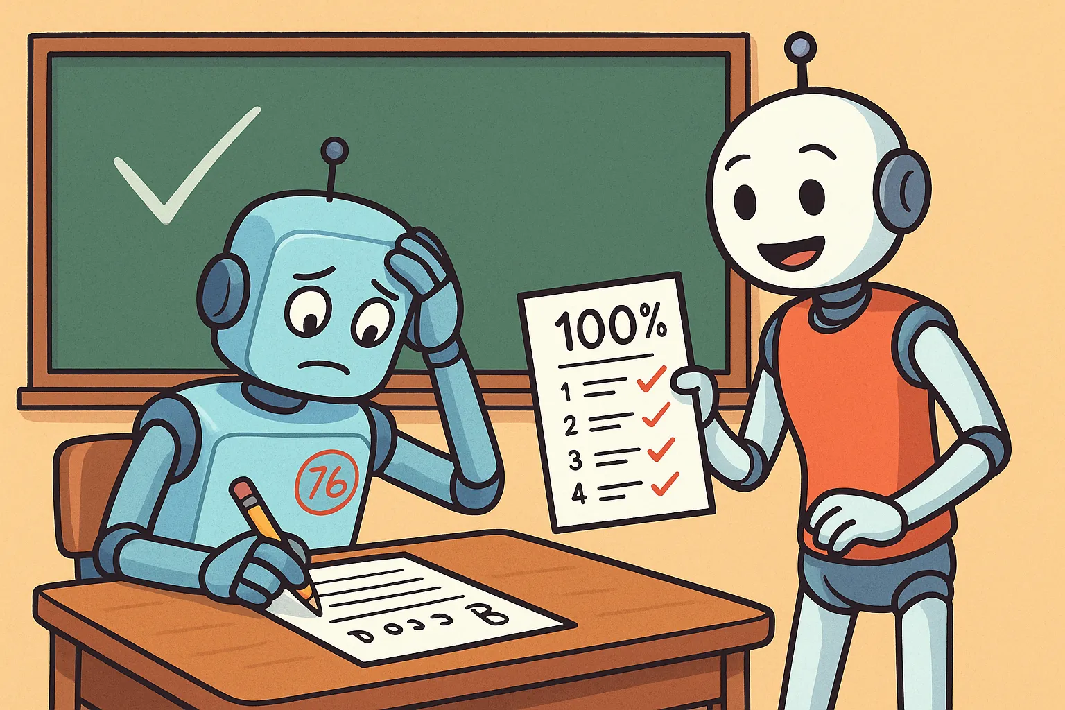 A robot surveying a bar chart, confronting the gap between eighty percent done and fully complete.