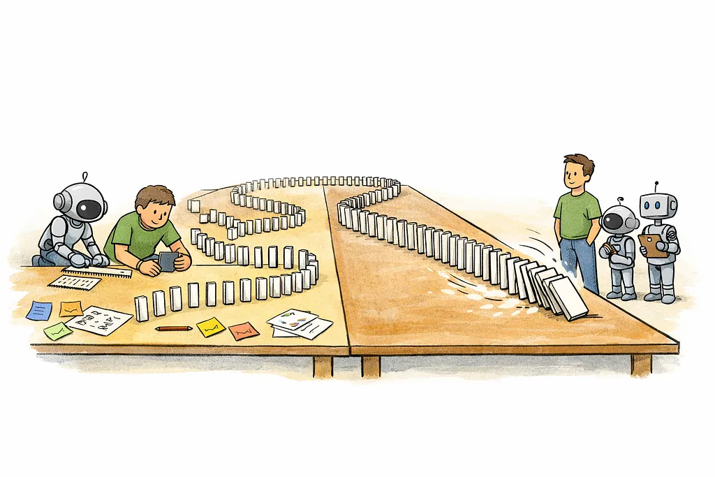 A robot poised beside a line of dominoes, where thorough preparation causes the entire sequence to fall cleanly.