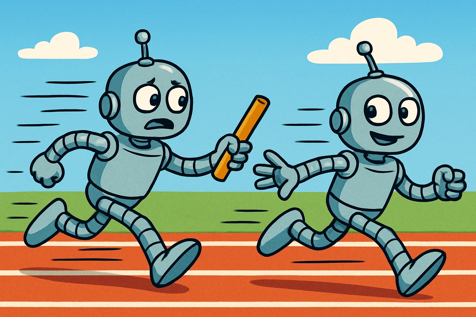 Two robots passing a baton at speed, representing agents handing off work to achieve dramatic performance gains.