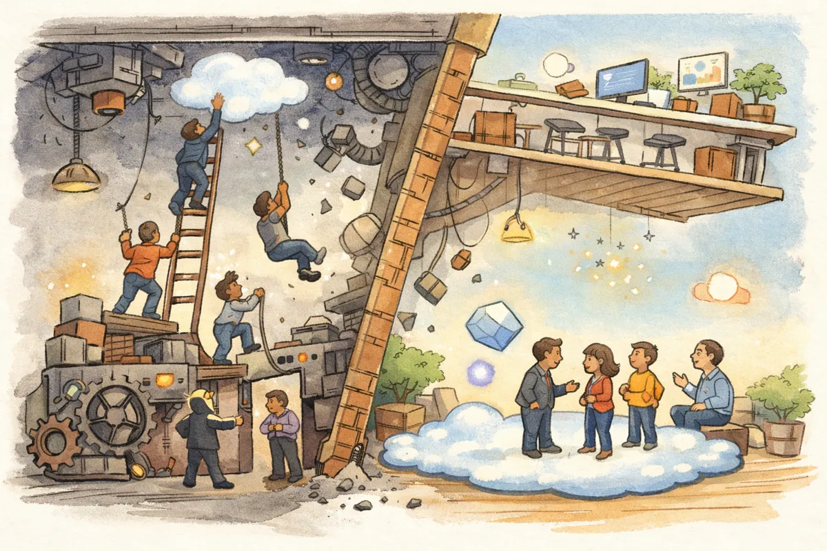 People struggle to reach an AI on the ceiling amid tangled machinery, while others stand easily on a glowing AI floor in a calm, open space nearby.