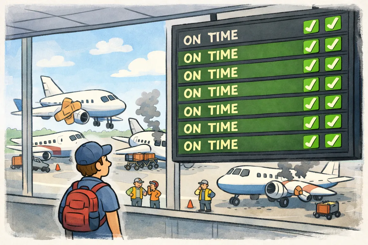 Airport departures board shows all flights on time while outside planes are visibly broken and patched up.