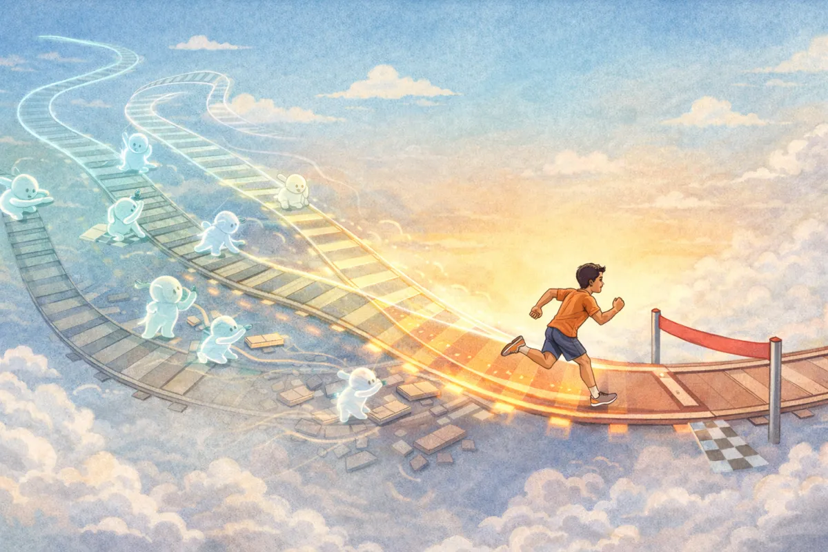 A runner crosses a finish line on a newly solid track while ghostly alternate paths converge behind them guided by glowing translucent AI companions assembling the final pieces in midair.