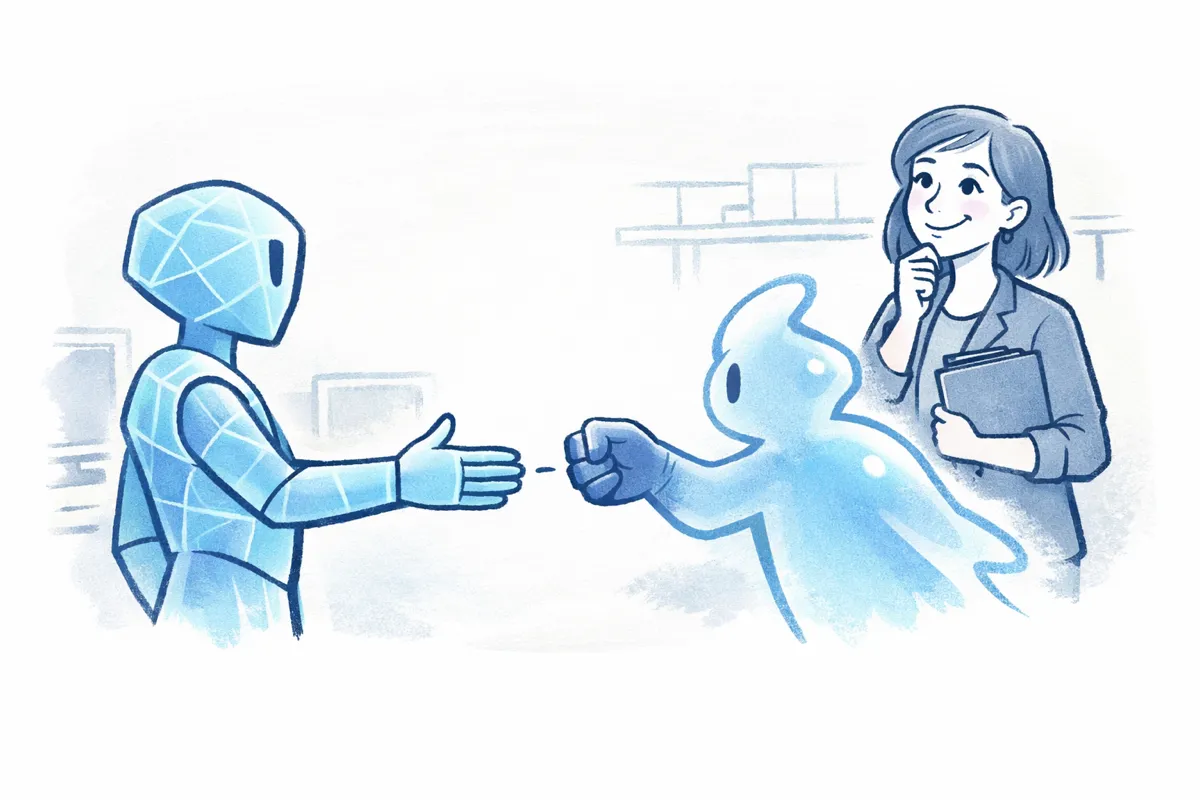 Two AI figures attempt greetings—one offers a handshake the other a fist bump—while a human observes their near miss.