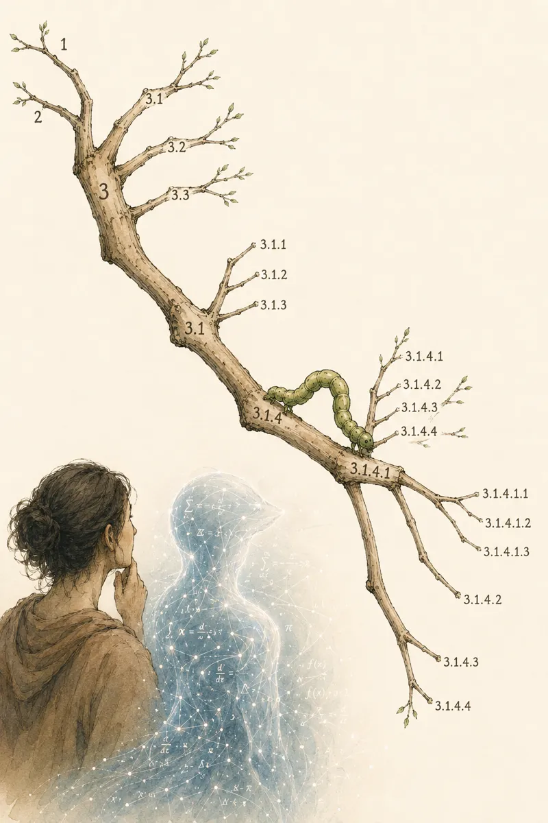 An inchworm traverses a branching numbered tree while a human and glowing AI-being observe its precise progress through the hierarchy.