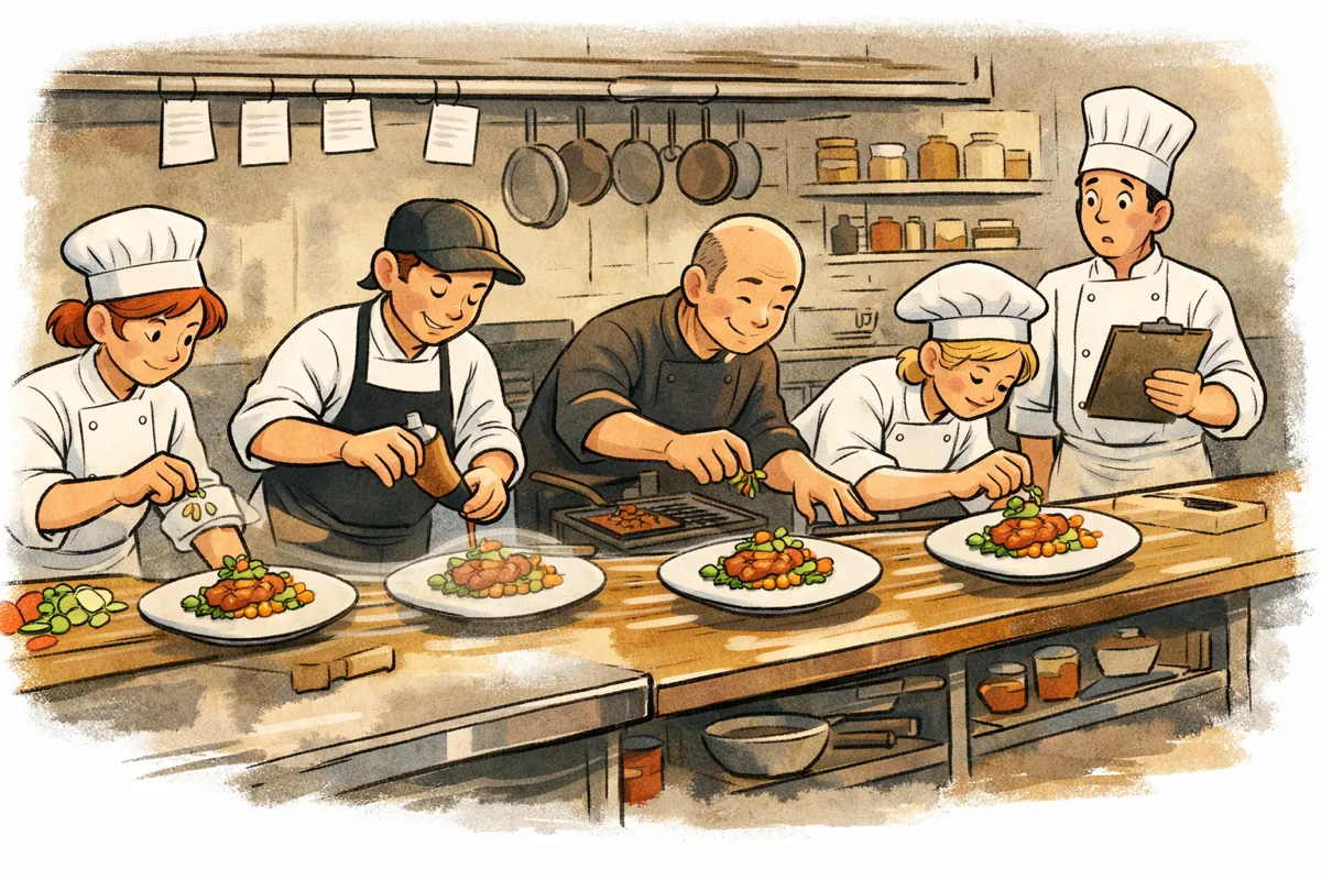 A restaurant kitchen where multiple cooks seamlessly pass a single dish along in perfect coordination while a surprised chef watches.