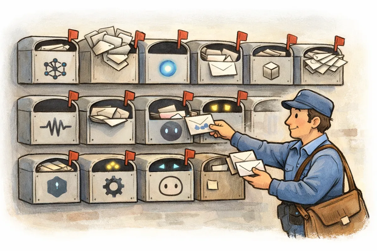 A human postal worker moves a letter from one mailbox to another in a wall of many adjacent mailboxes, most marked with abstract AI-like symbols, suggesting manual message routing between neighboring agents.