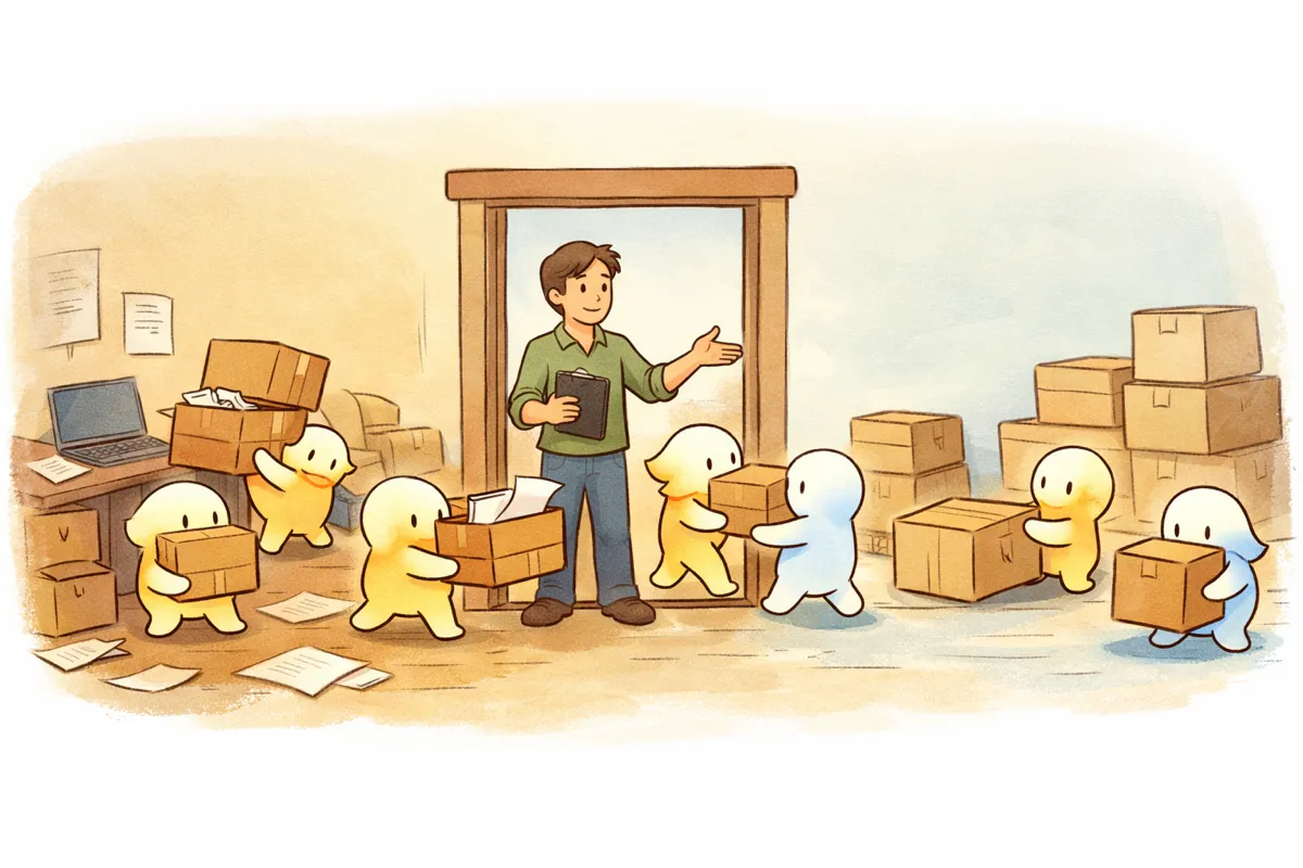 A human guides a line of small AI helpers carrying boxes from a cluttered room into a clean one through a central doorway.