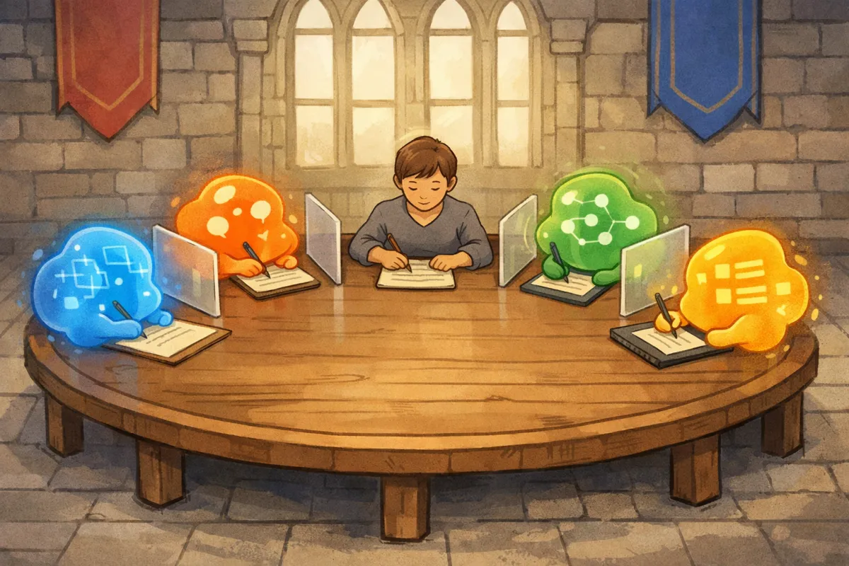 Human and four glowing AI agents sit at a round table each writing independently behind small dividers unable to see each other's answers.