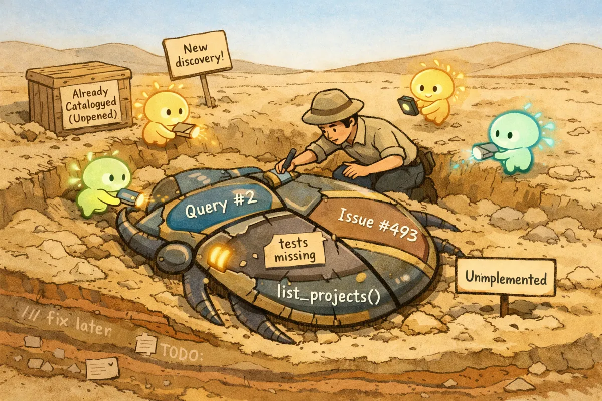 Developer and AI agents excavate a giant scarab labeled with existing features uncovering fully built code buried under layers of old issues and TODOs.