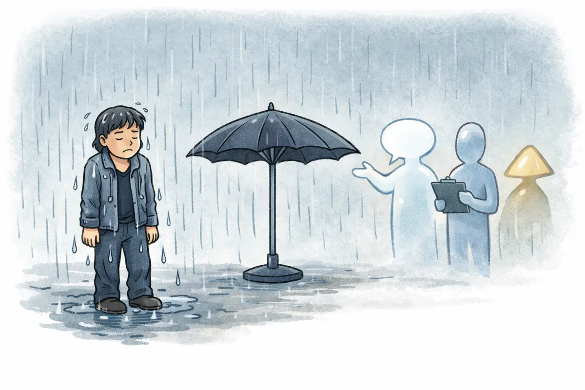 A person stands in the rain getting soaked while a nearby umbrella is open but not covering them, as abstract figures proudly present it.