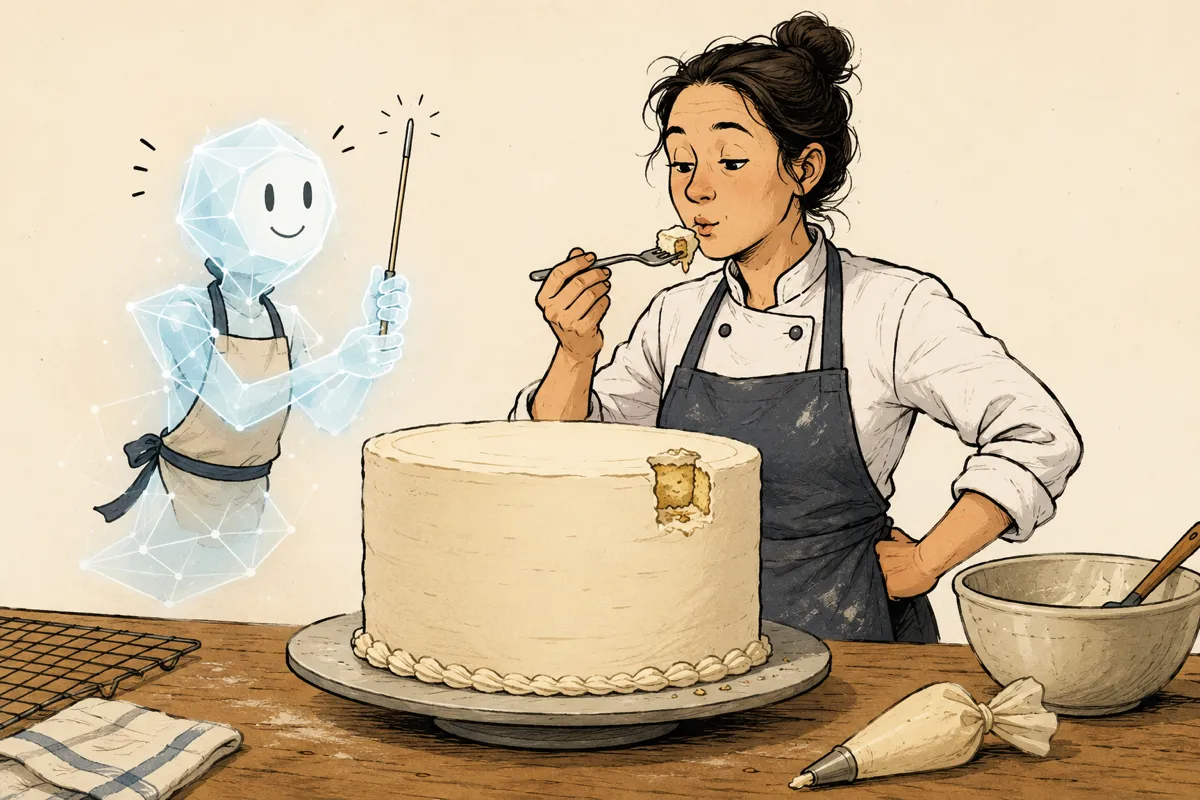 A proud, glowing AI sous-chef presents a clean cake tester while the head baker takes the first bite of an almost-finished cake.