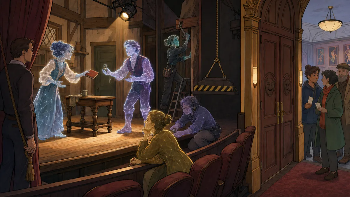A translucent theater company rehearses and repairs the real stage while a human founder holds the curtain and invited audience members wait outside the closed doors.