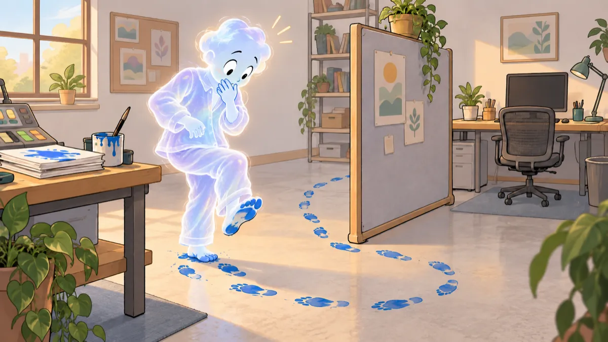 A luminous AI agent follows blue footprints around an office partition, then discovers the trail ends at its own paint-stained raised foot beside an unused workstation.
