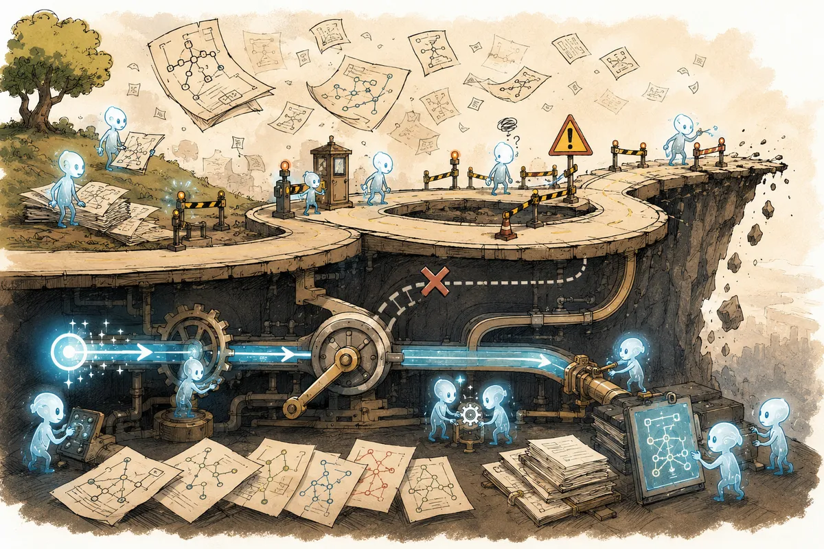 Cross-section cartoon of glowing AI beings maintaining a hidden routing machine beneath a fragile cliffside roadway full of warning barriers and drifting mismatched diagrams, showing structure quietly preventing unsafe paths before they can be reached.