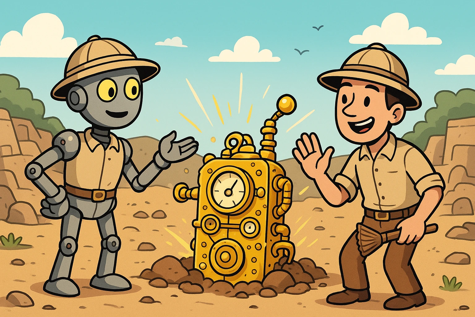 A robot in a coaching stance, guiding a dig through existing code to uncover buried automation potential.