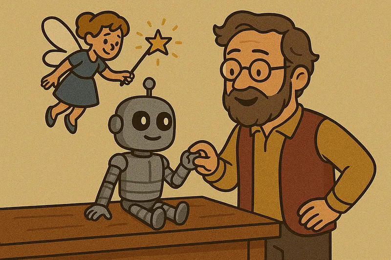 A robot puppeteer pulling strings on a smaller figure, blurring the line between creator and creation.