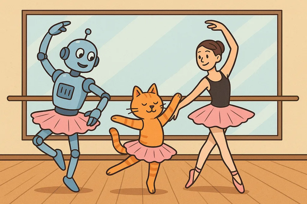 A robot in a ballet pose, embodying the shift from improvised prompts to choreographed multi-agent coordination.