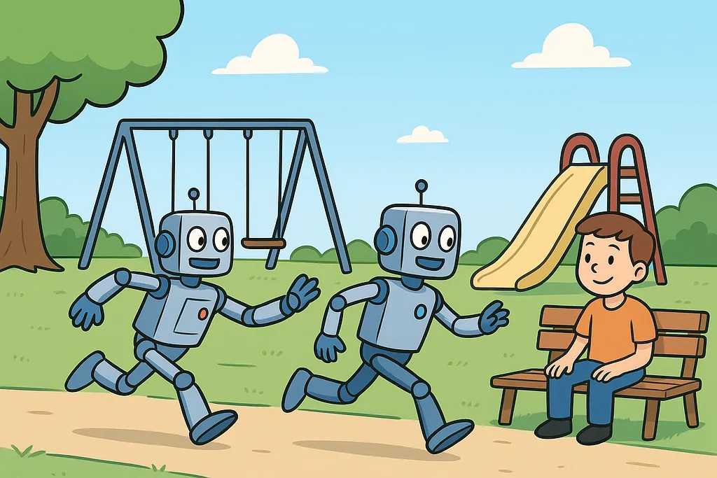 Two robots handing off work mid-task, one tagging in while the other steps back to rest.
