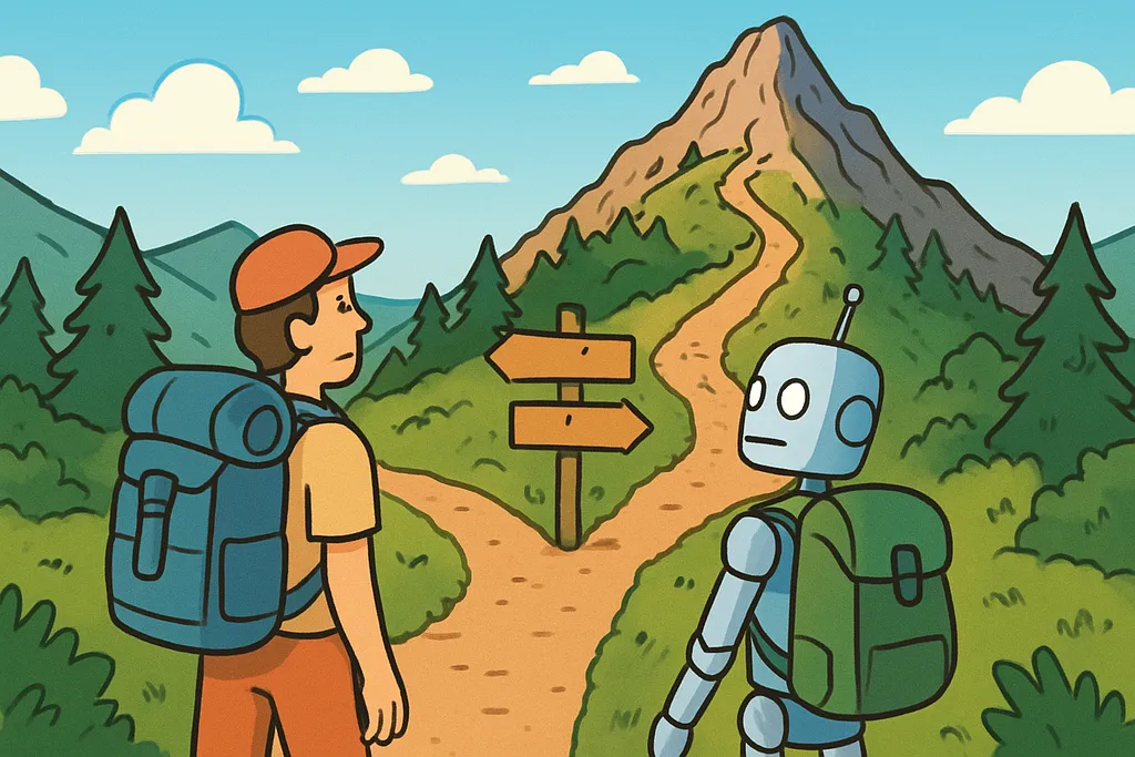 A robot pivoting direction mid-climb, choosing an earlier summit over a deferred one.