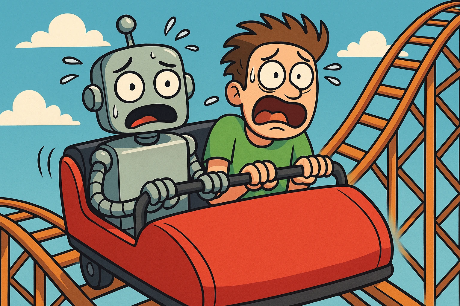 A robot riding a steep rollercoaster, arms out, swinging between failure and triumphant recovery in two days.