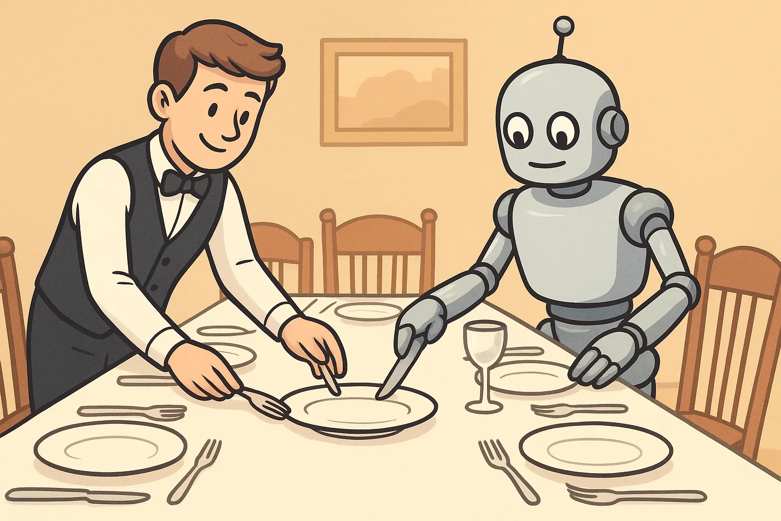 A robot methodically filing paperwork, embodying the unglamorous foundation work that enables future features.