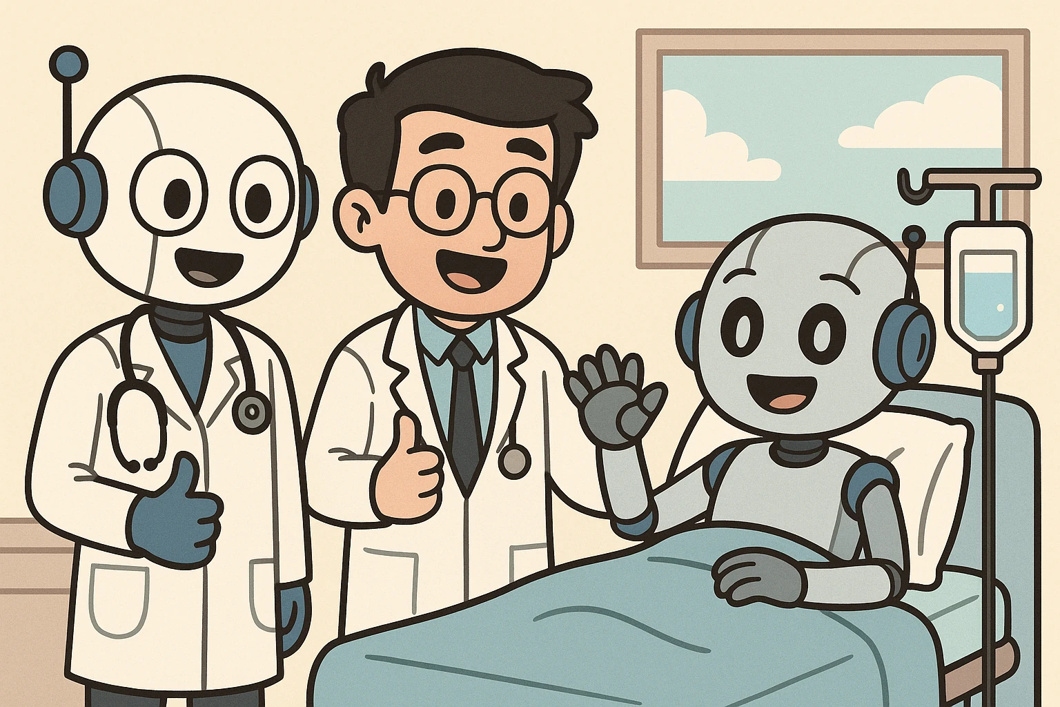 Robots in medical coats consulting over a patient, diagnosing a failing test suite and nursing it back to health.