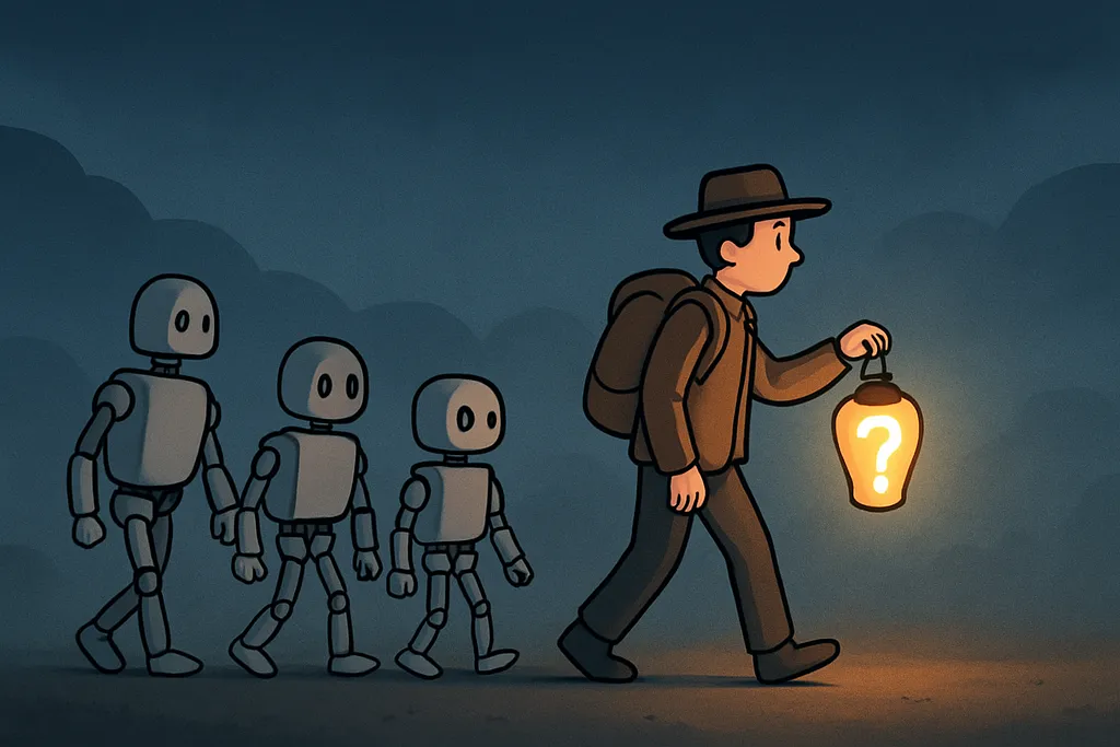 A robot sitting with open questions, pausing from building to think through what comes next.