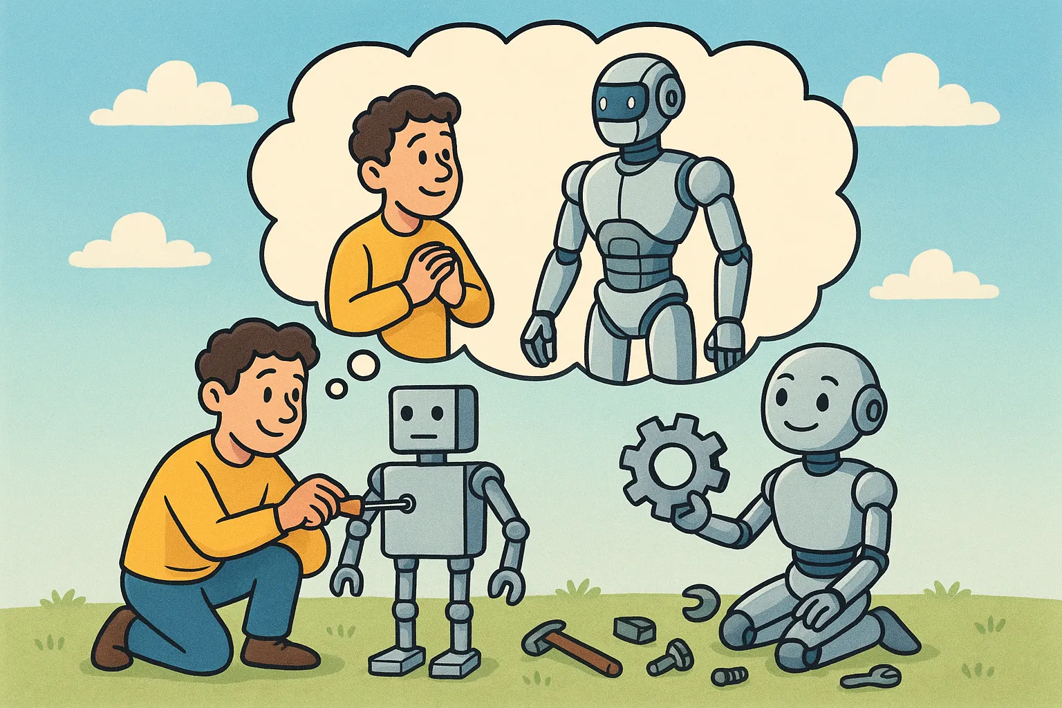 A builder holding both a rough MVP and a detailed blueprint, balancing near-term delivery against long-term vision.