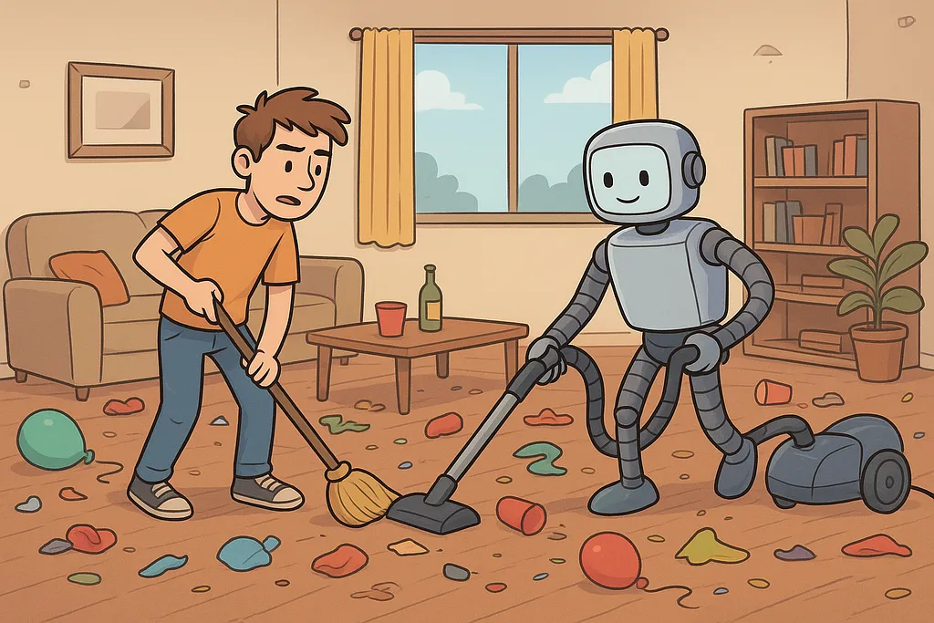 A robot at a celebration, marking a hard-won milestone before turning attention to the next planning phase.