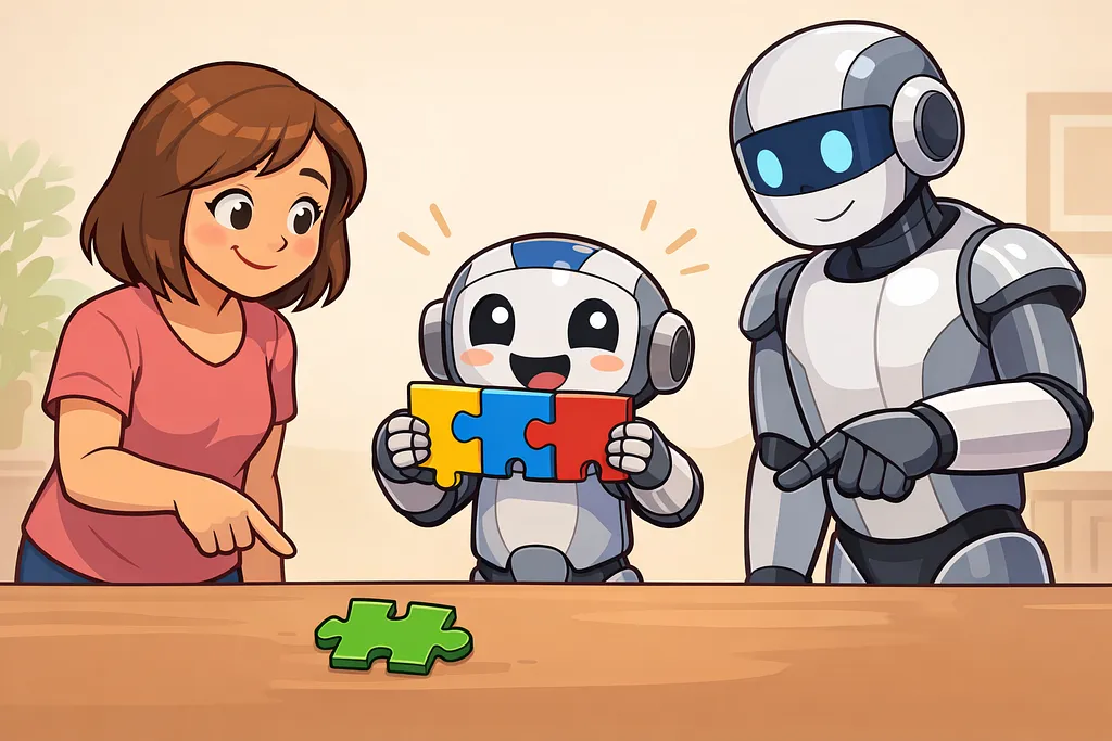 A robot at the three-quarter mark of a task, measuring the gap between progress and true completion.