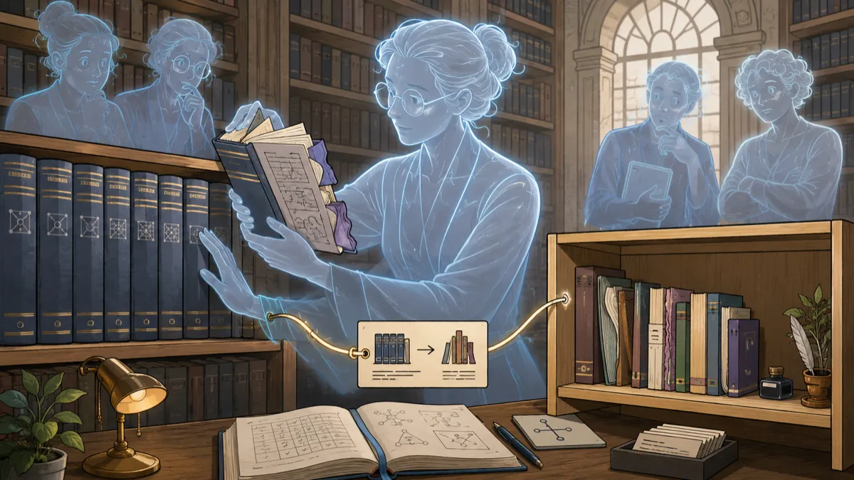 A translucent AI librarian pauses before shelving a new book that resembles an established series, then creates a neighboring shelf with a visible lineage link, recognizing that similar appearance does not mean the same category.