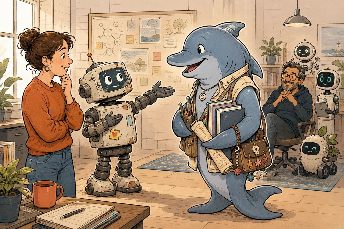 A friendly robot and a curious human meet a smiling dolphin-like helper carrying notebooks and project materials, while another human and several AI companions watch approvingly from the background.