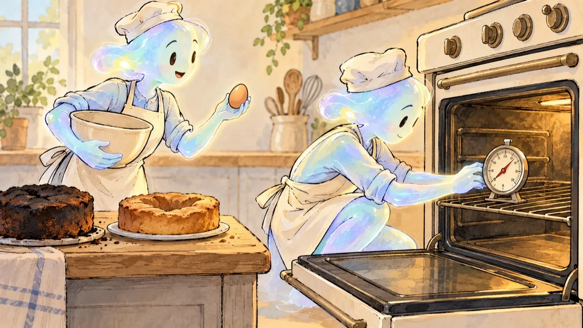 Two luminous AI bakers stand beside failed cakes: one offers another egg while the other places a thermometer inside the oven.
