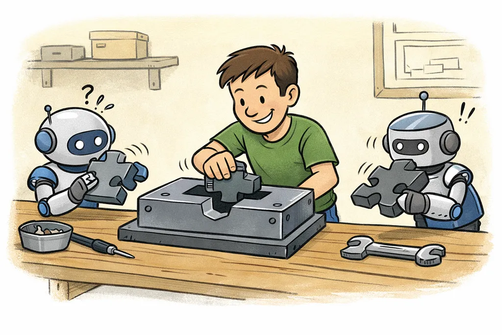 A robot fitting a piece into a jig that enforces correct alignment before any further work can proceed.