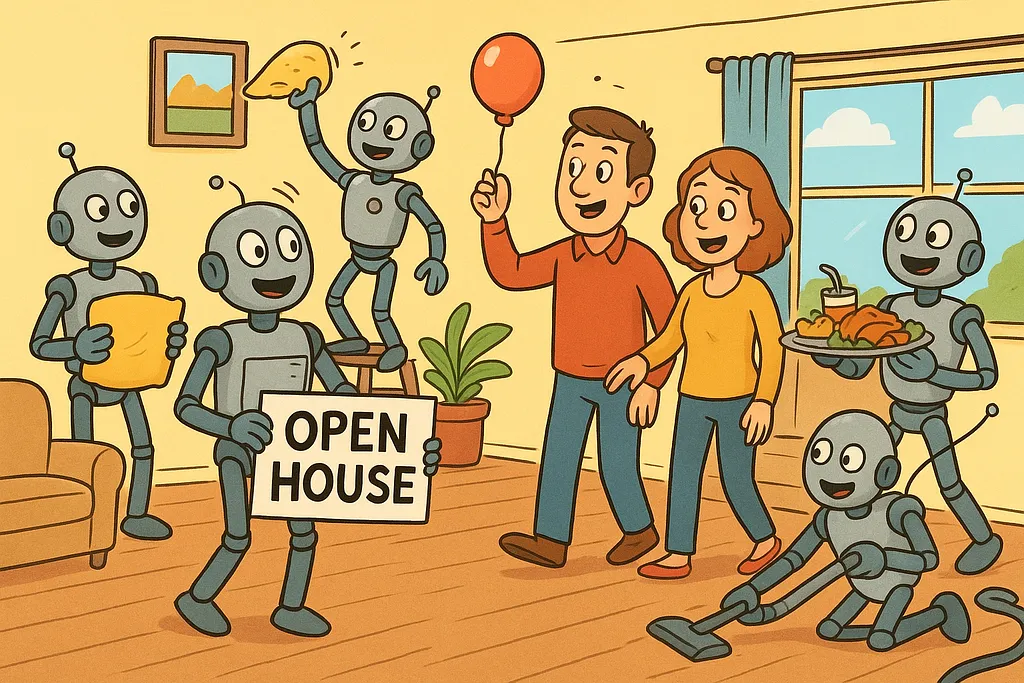 A robot tidying a space and setting out a welcome, getting ready for the first real guests.