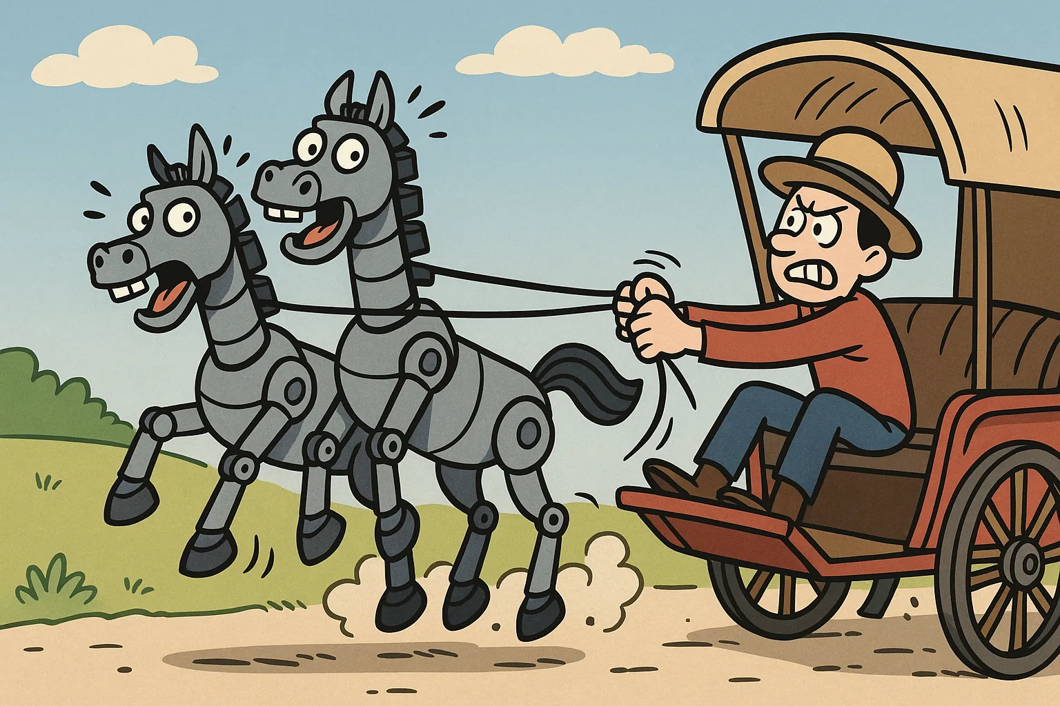 A rider steering two horses at once, representing a PM keeping paired AI agents pointed in one direction.