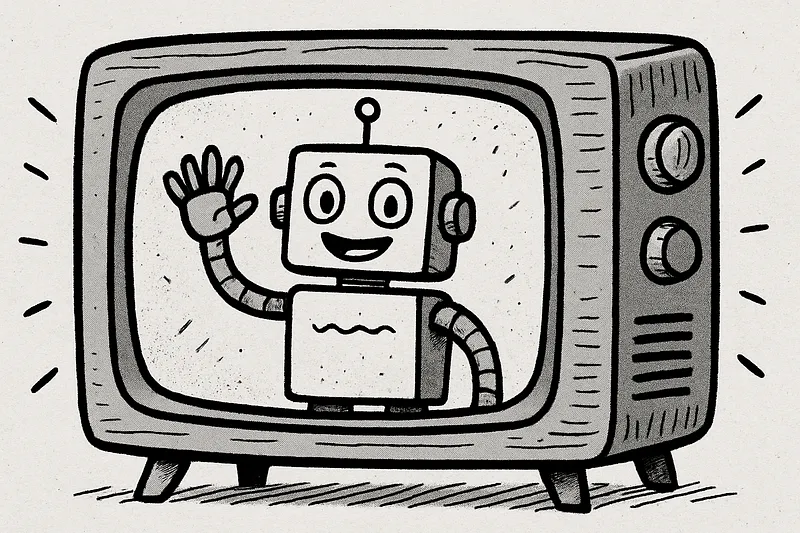 A robot broadcasting from a screen, showing a command-line tool stepping up into a live production workflow.