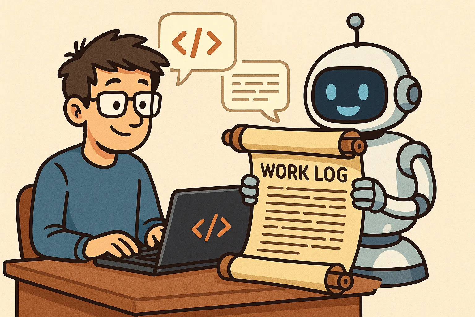 A log file open on a workbench, representing the quiet practice of writing down what happened and what was learned.