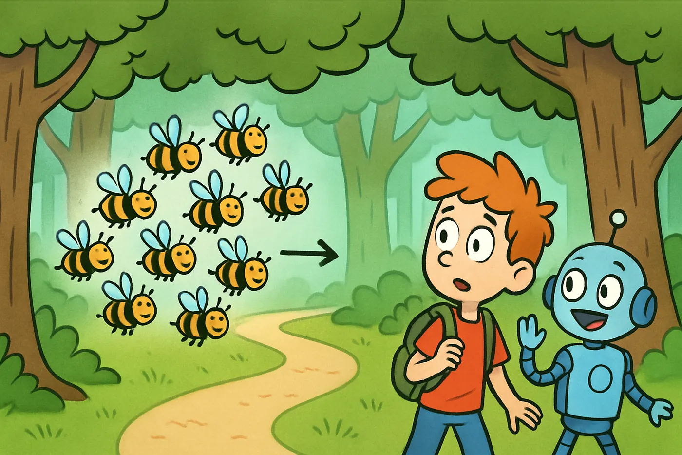 A robot surrounded by a swarm of bees, each sting revealing a path back to the root cause.