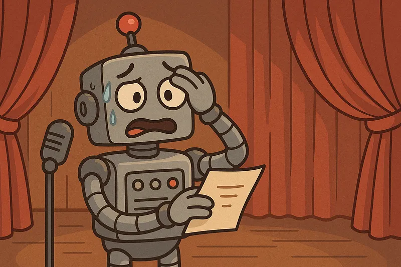 A robot caught off guard at a podium, a working demo undermined by the absence of supporting documentation.