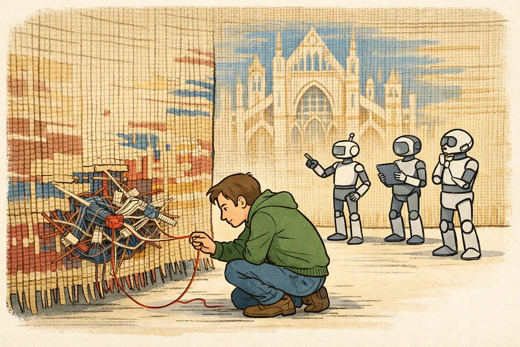 A robot tracing a single failing thread through a complex weave, finding how one break affects the whole.