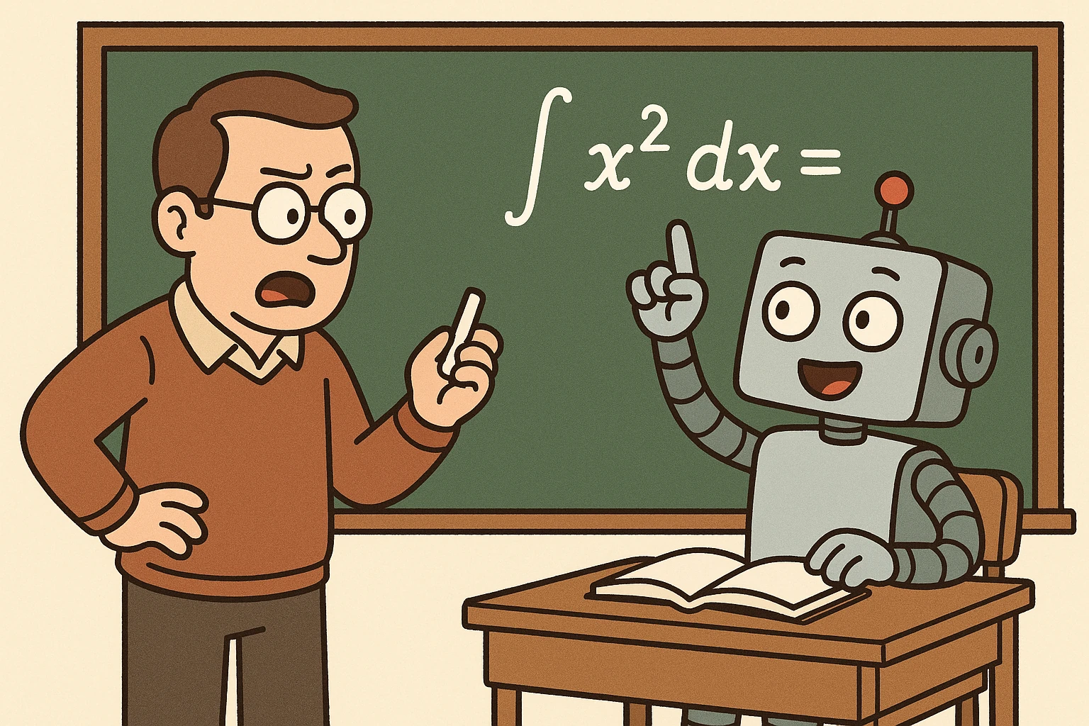 A robot student surpassing the teacher, unexpected AI output outsmarting the human who set the task.