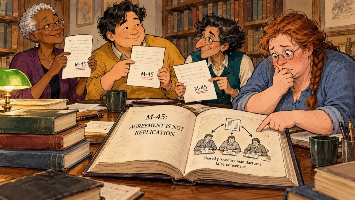 Three scholars proudly display papers citing “M-45,” while a fourth discovers that the actual source warns against mistaking shared citations for independent evidence.