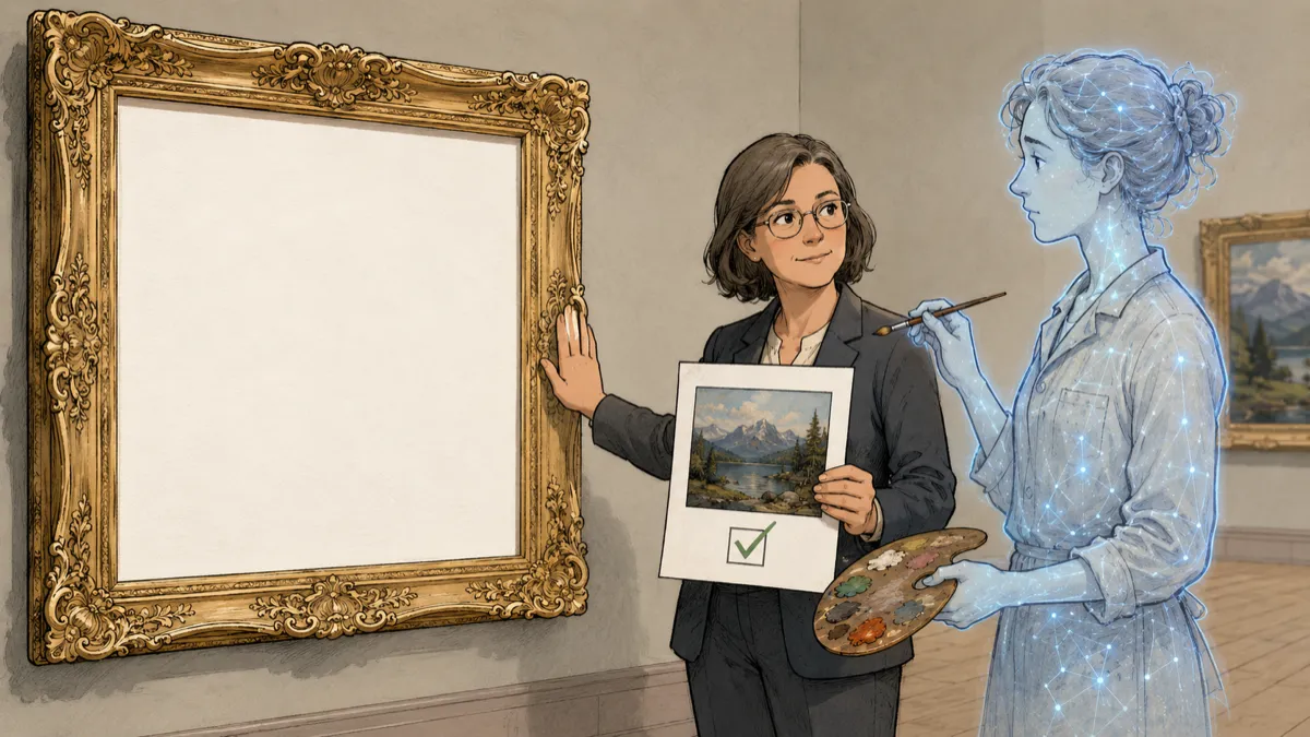 A museum registrar calmly stops a translucent AI restorer from painting a blank framed canvas, while holding a catalog sheet that falsely shows the artwork as finished.