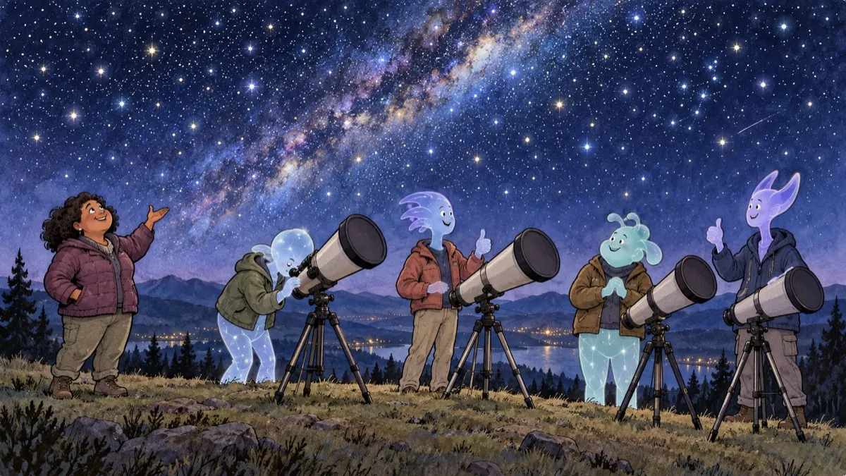 Four luminous AI astronomers agree beside capped telescopes while a human gestures toward the abundant stars shining overhead.