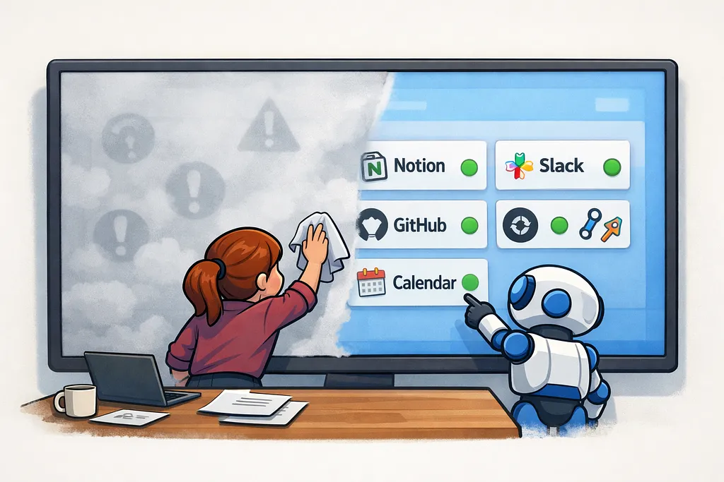A robot reviewing a status dashboard at the start of a new year, planning what to build next.