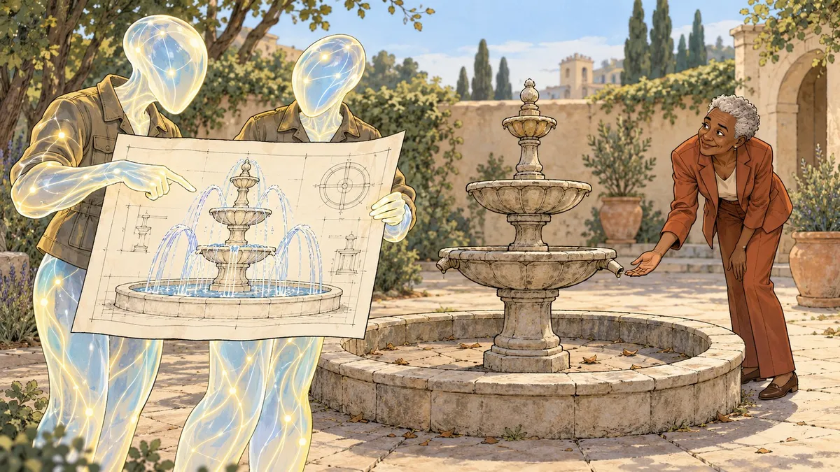 Two luminous AI caretakers admire a plan showing a fountain spraying water, while a human tests the actual fountain’s dry spout and glances back at them.
